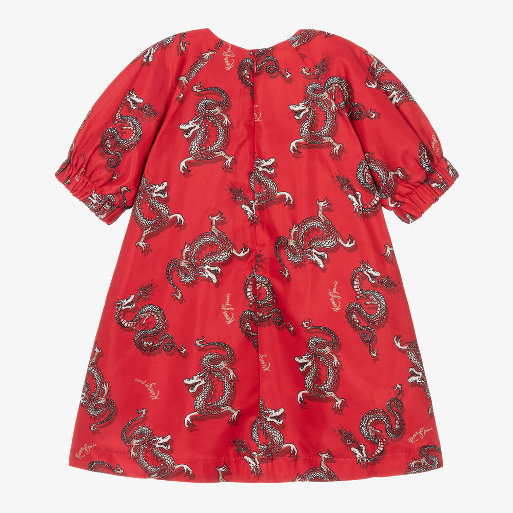 KENZO KIDS-Красное атласное платье с драконами для девочек | Childrensalon Outlet