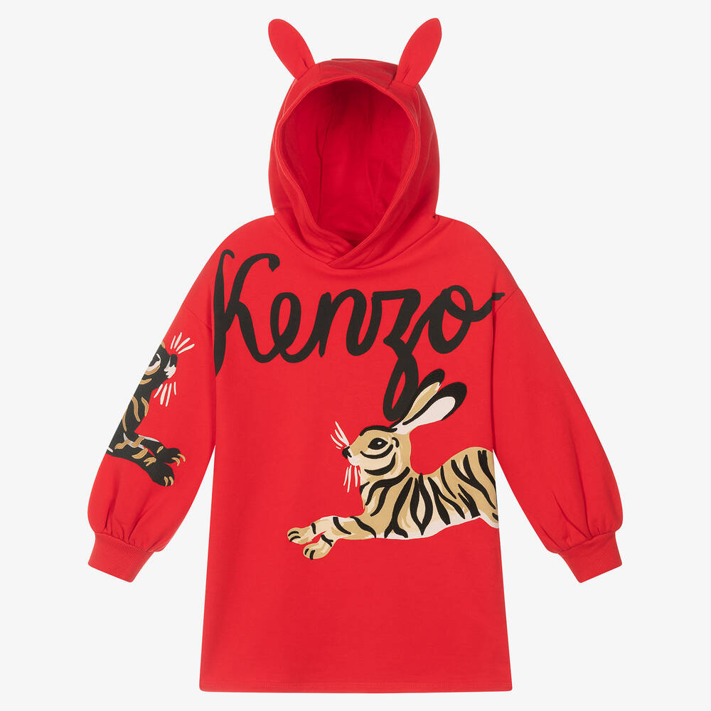 KENZO KIDS - فستان سويتشيرت هودي قطن جيرسي لون أحمر | Childrensalon