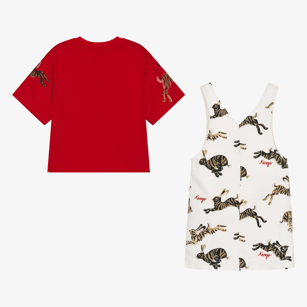 KENZO KIDS-Girls Red Top & Ivory Rabbit Dress Set | Childrensalon Outlet
