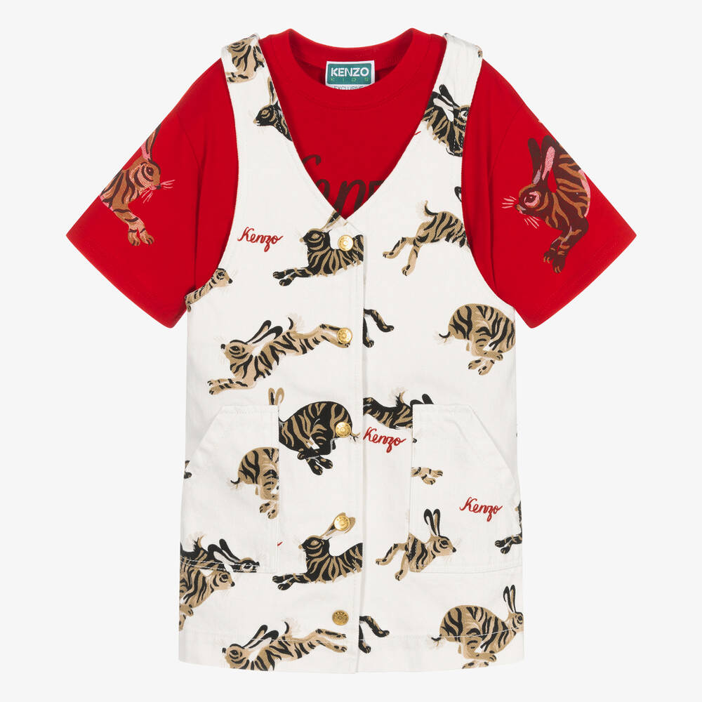 KENZO KIDS - Girls Red Top & Ivory Rabbit Dress Set | Childrensalon