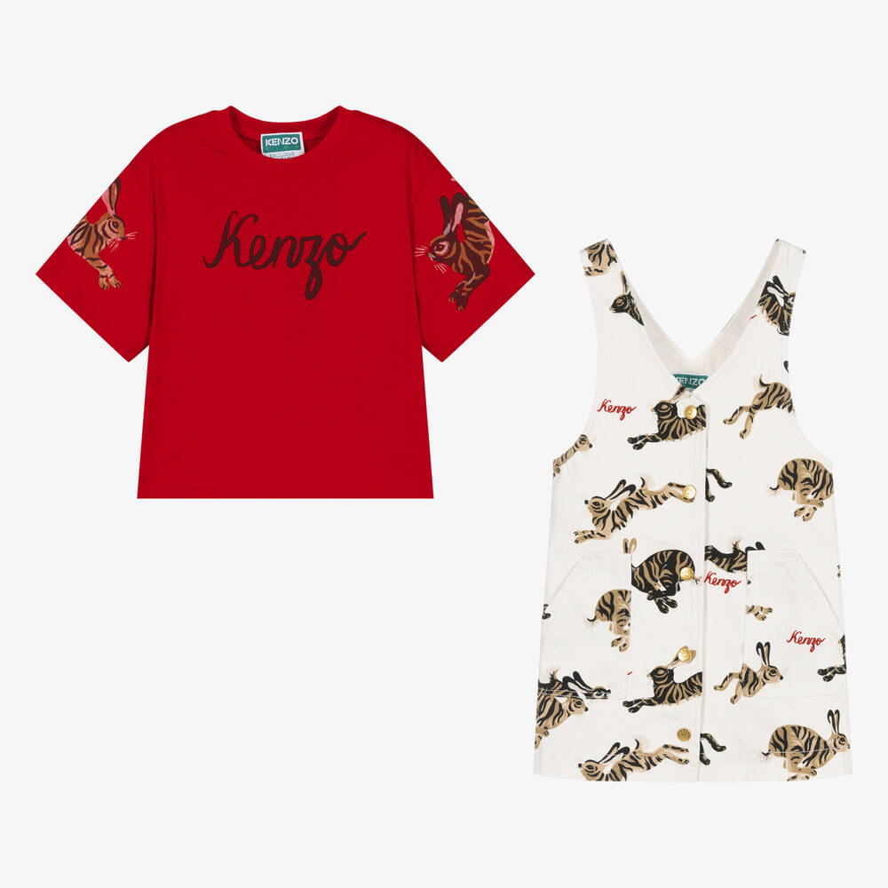KENZO KIDS-Girls Red Top & Ivory Rabbit Dress Set | Childrensalon Outlet