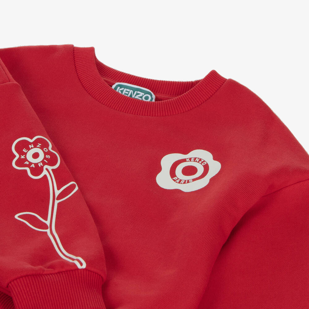 KENZO KIDS-سويتشيرت قطن طبعة الشعار لون أحمر للبنات | Childrensalon Outlet