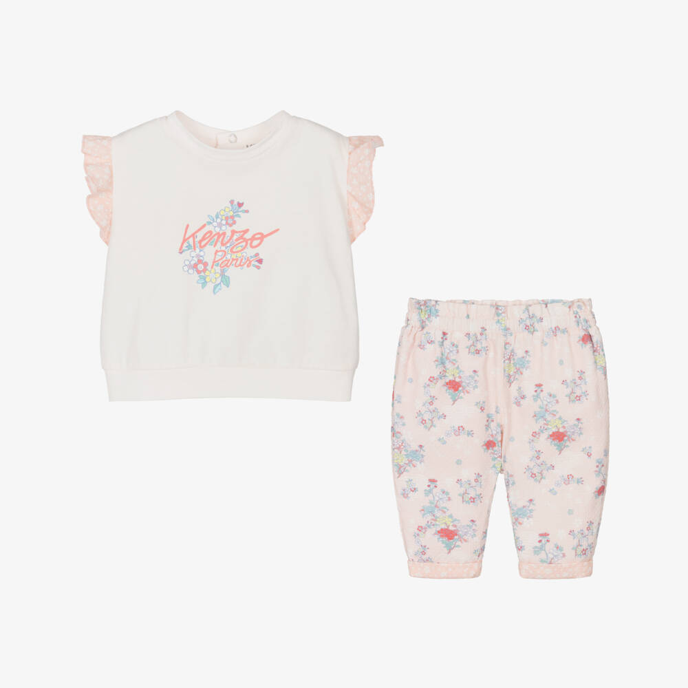 KENZO KIDS-Girls Soft Pink Floral Trousers Set | Childrensalon Outlet