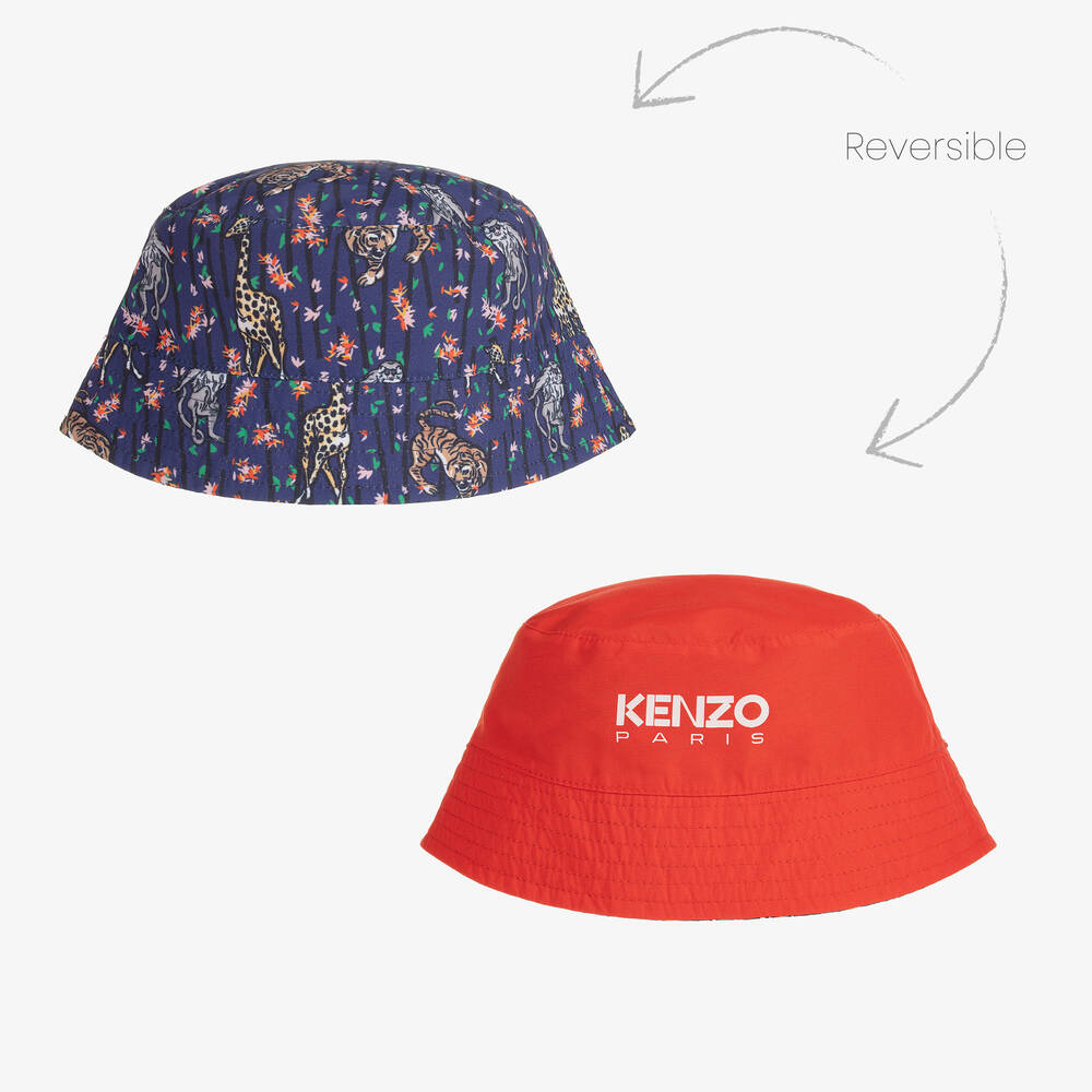 KENZO KIDS - قبعة بوجهين قطن تويل لون أحمر وأزرق للبنات | Childrensalon