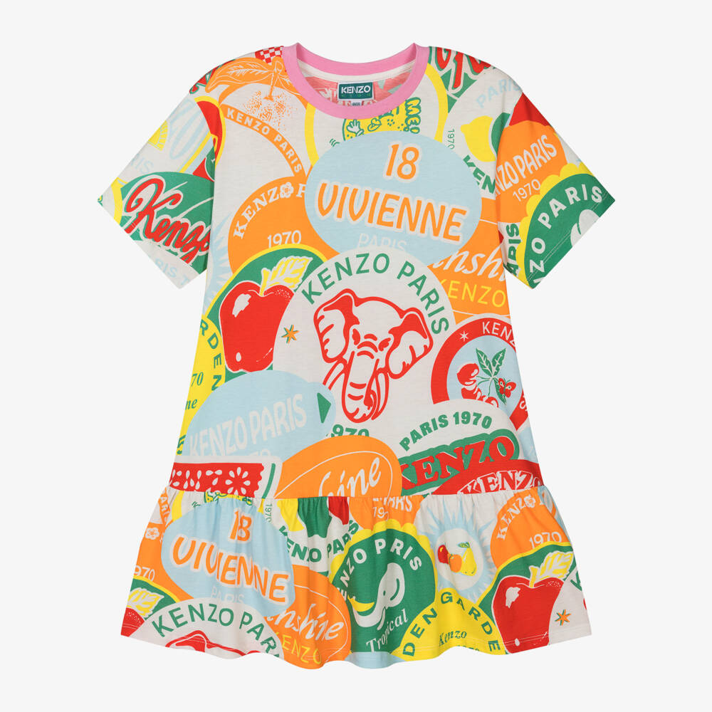 KENZO KIDS-فستان قطن زاهي للفتيات بنقشة الفواكه | Childrensalon Outlet
