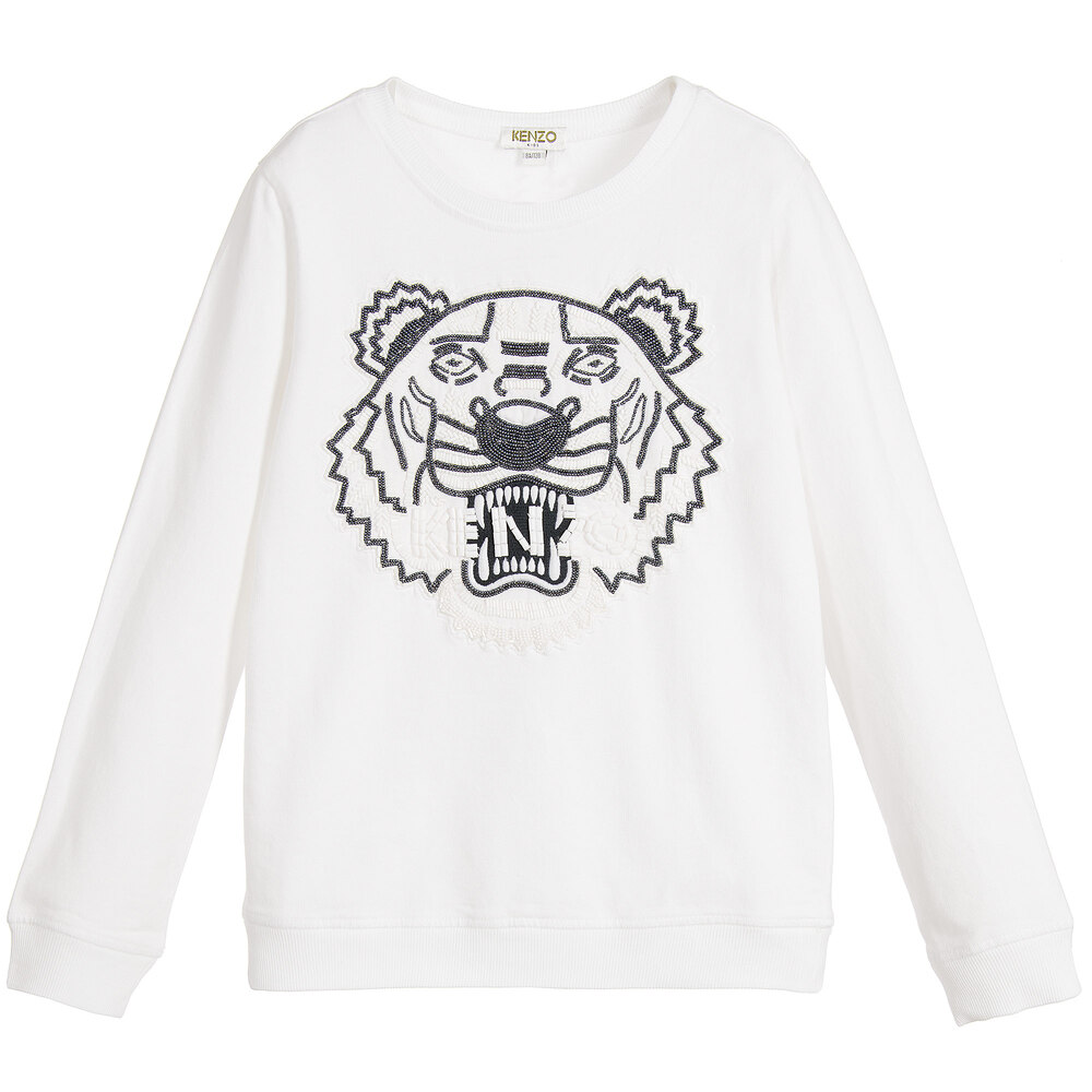 KENZO KIDS - Girls White Beaded 'Tiger' Sweatshirt  | Childrensalon