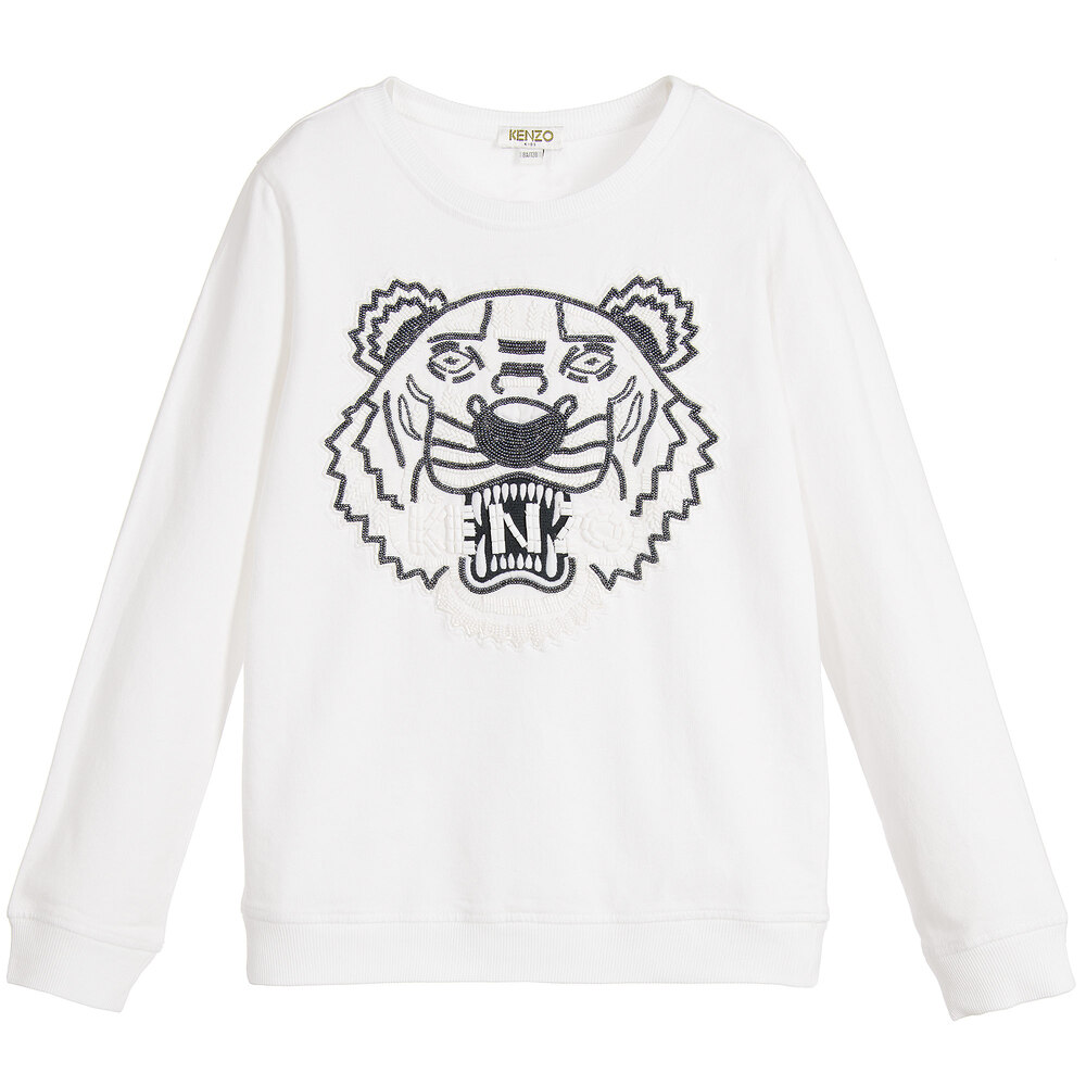 Girls White Beaded Tiger Sweatshirt