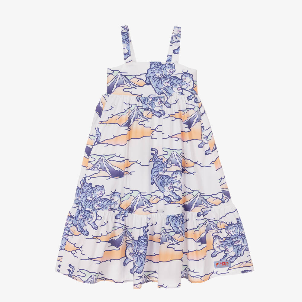 KENZO KIDS - Girls White & Blue Cotton Poplin Dress | Childrensalon