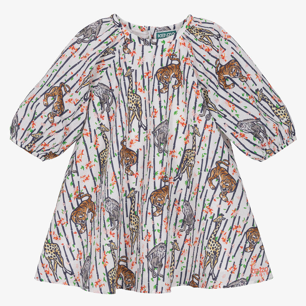 KENZO KIDS - Girls White Cotton Bamboo Print Dress | Childrensalon