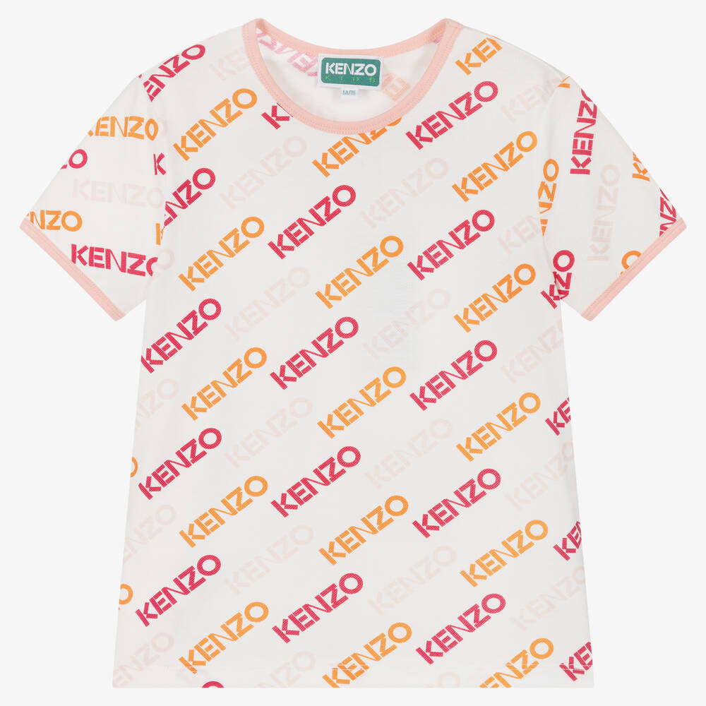 KENZO KIDS Girls White Cotton Piqu Logo T Shirt Childrensalon