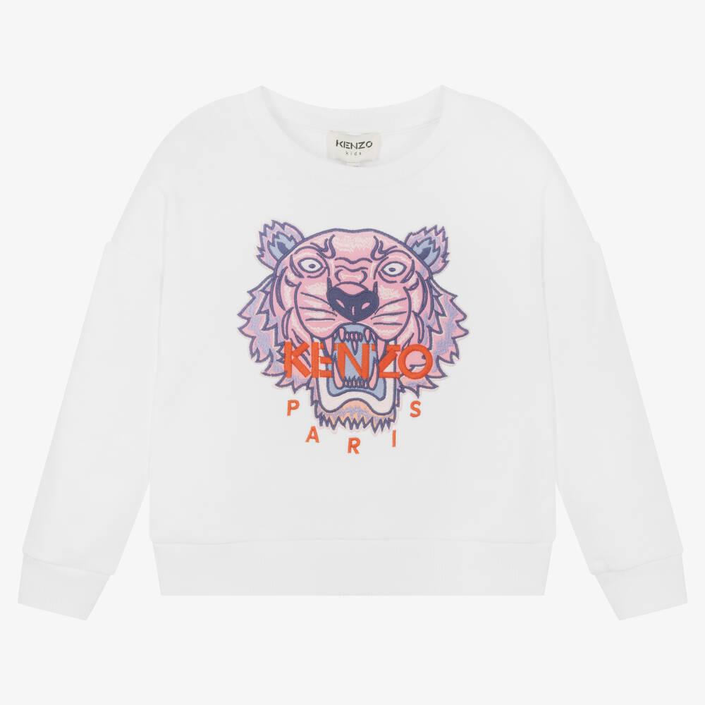 KENZO KIDS - Girls White Cotton Tiger Sweatshirt | Childrensalon