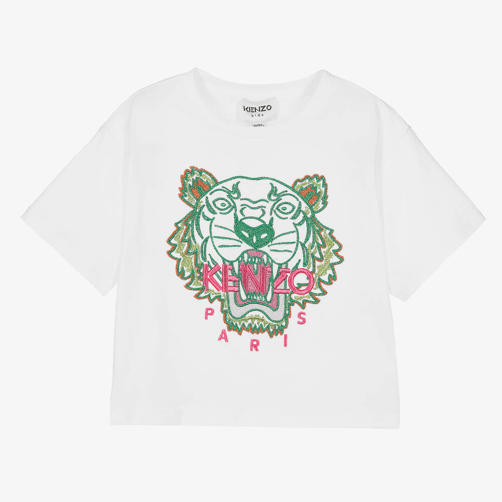 KENZO KIDS - Girls White Cotton Tiger T-Shirt | Childrensalon