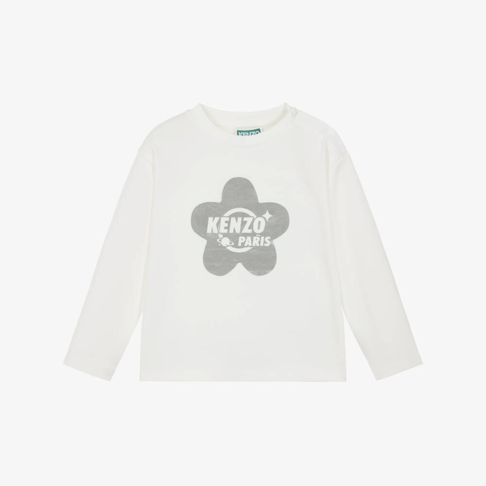 KENZO KIDS-Girls White Cotton Top with Silver Planet Boke Logo | Childrensalon Outlet