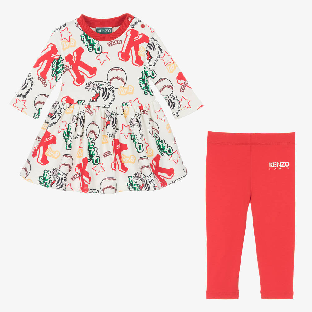 KENZO KIDS-Белое платье с тиграми и легинсы из хлопка | Childrensalon Outlet