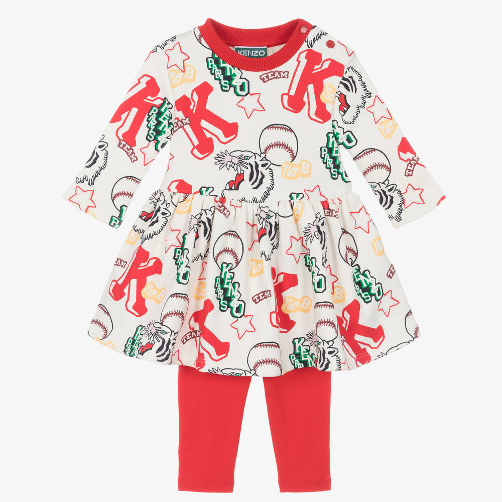 KENZO KIDS - طقم فستان قطن جيرسي لون أبيض وأحمر | Childrensalon