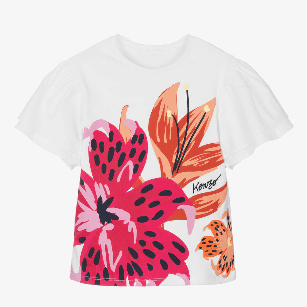 KENZO KIDS - Girls White Floral Logo T-Shirt | Childrensalon