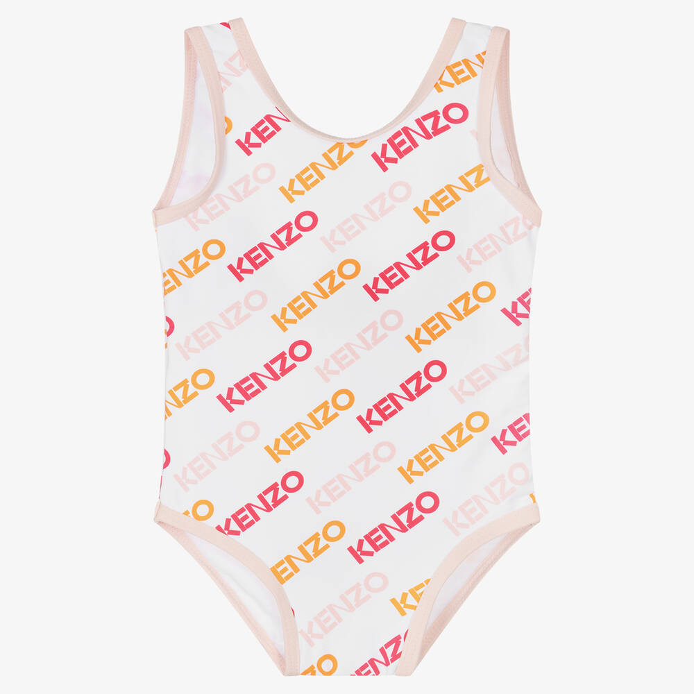 KENZO KIDS - Girls White Logo Swimsuit | Childrensalon