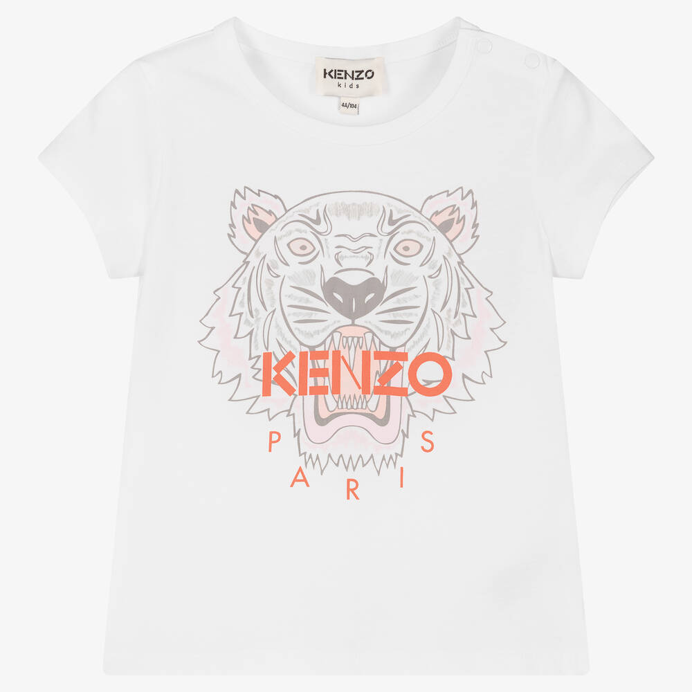 KENZO KIDS - Girls White Organic Cotton Tiger T-Shirt | Childrensalon