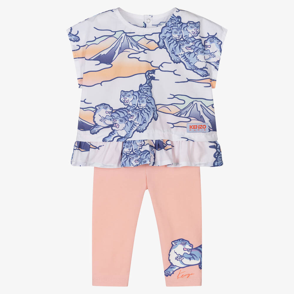 KENZO KIDS - Girls White & Pink Cotton Leggings Set | Childrensalon