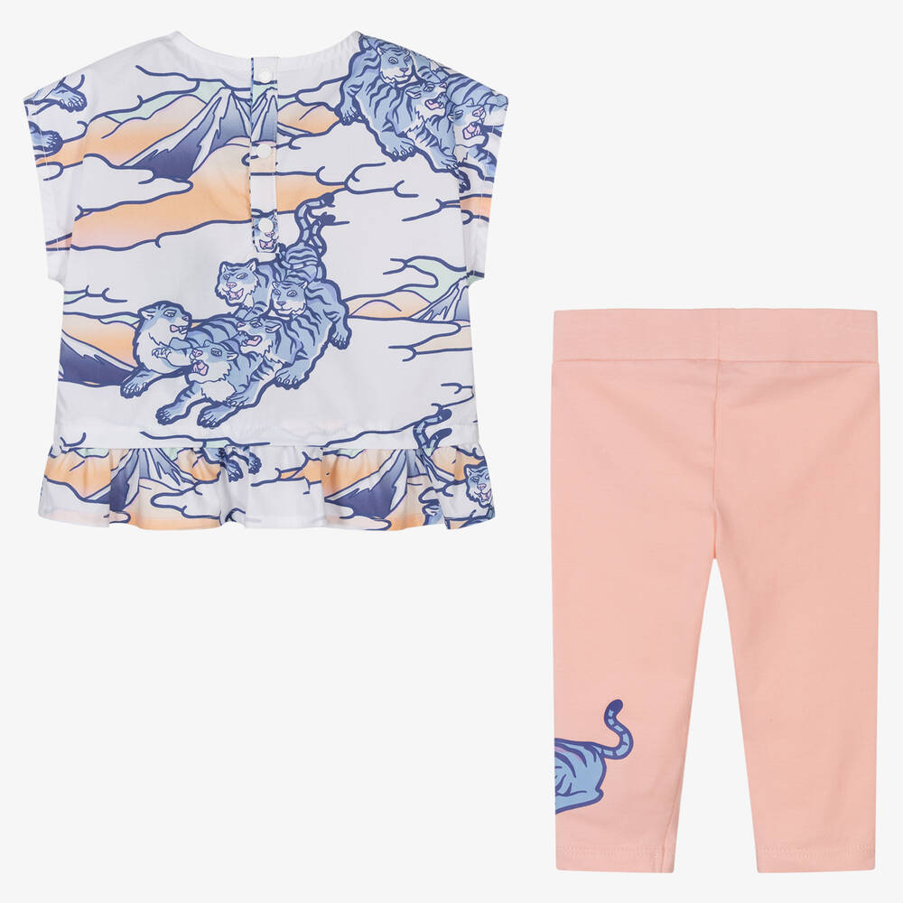 كينزو كيدز-طقم ليغنغز قطن بوبلين لون زهري وأبيض | Childrensalon Outlet