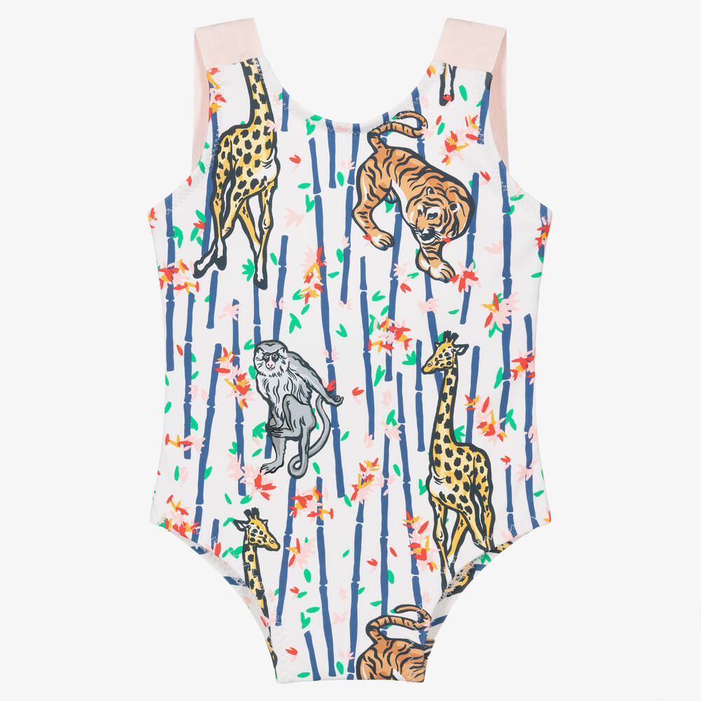 KENZO KIDS - Girls White & Pink Logo Swimsuit | Childrensalon