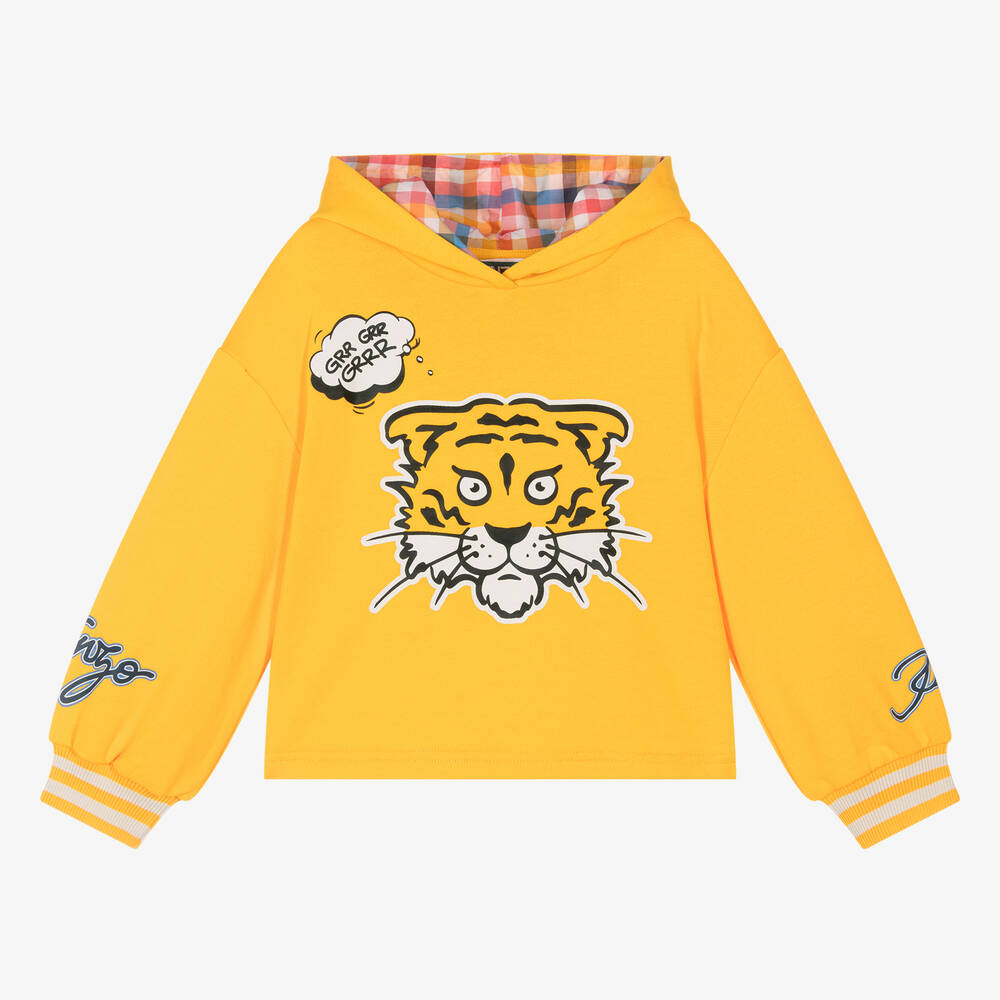 KENZO KIDS Girls Yellow Tiger Cotton Hoodie Childrensalon Outlet