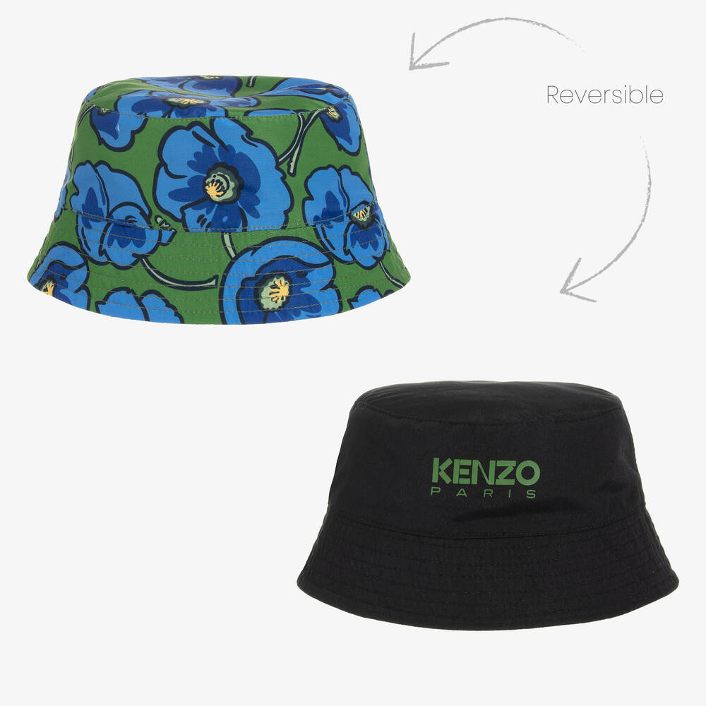 KENZO KIDS - قبعة بوجهين قطن لون أسود وأخضر | Childrensalon