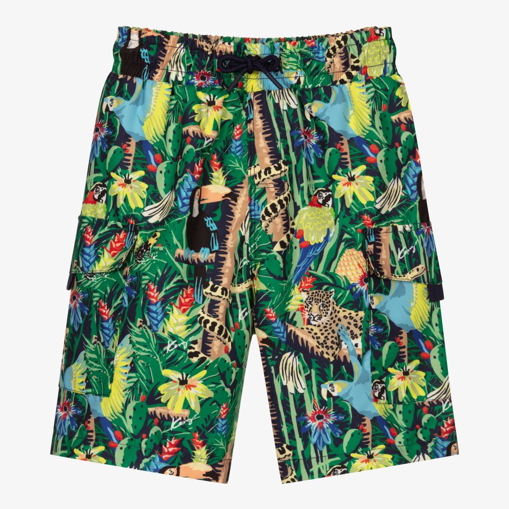 KENZO KIDS - Зеленые плавки-шорты с тропическим принтом | Childrensalon