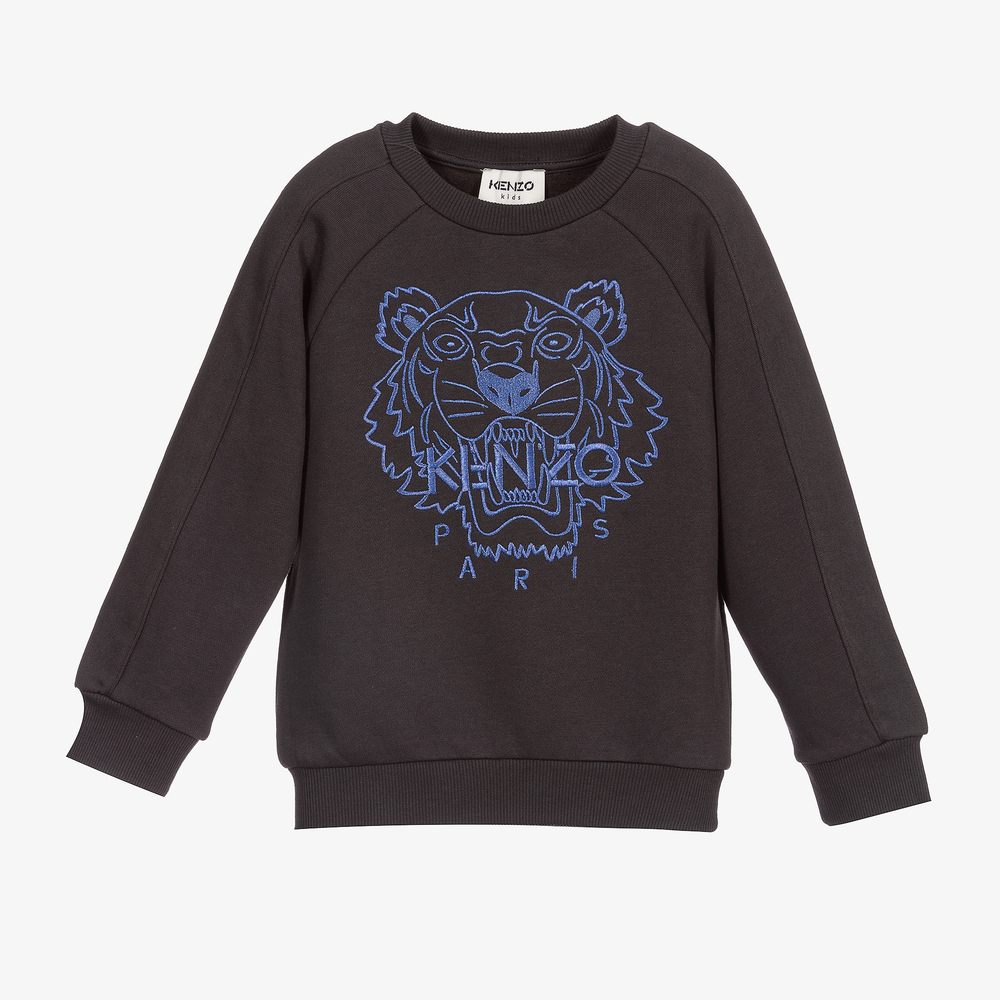 KENZO KIDS - سويتشيرت قطن جيرسي لون رمادي داكن للأولاد | Childrensalon