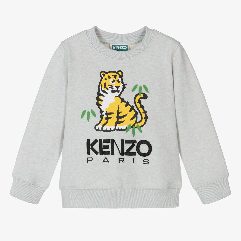 KENZO KIDS - سويتشيرت قطن جيرسي لون رمادي مونس | Childrensalon