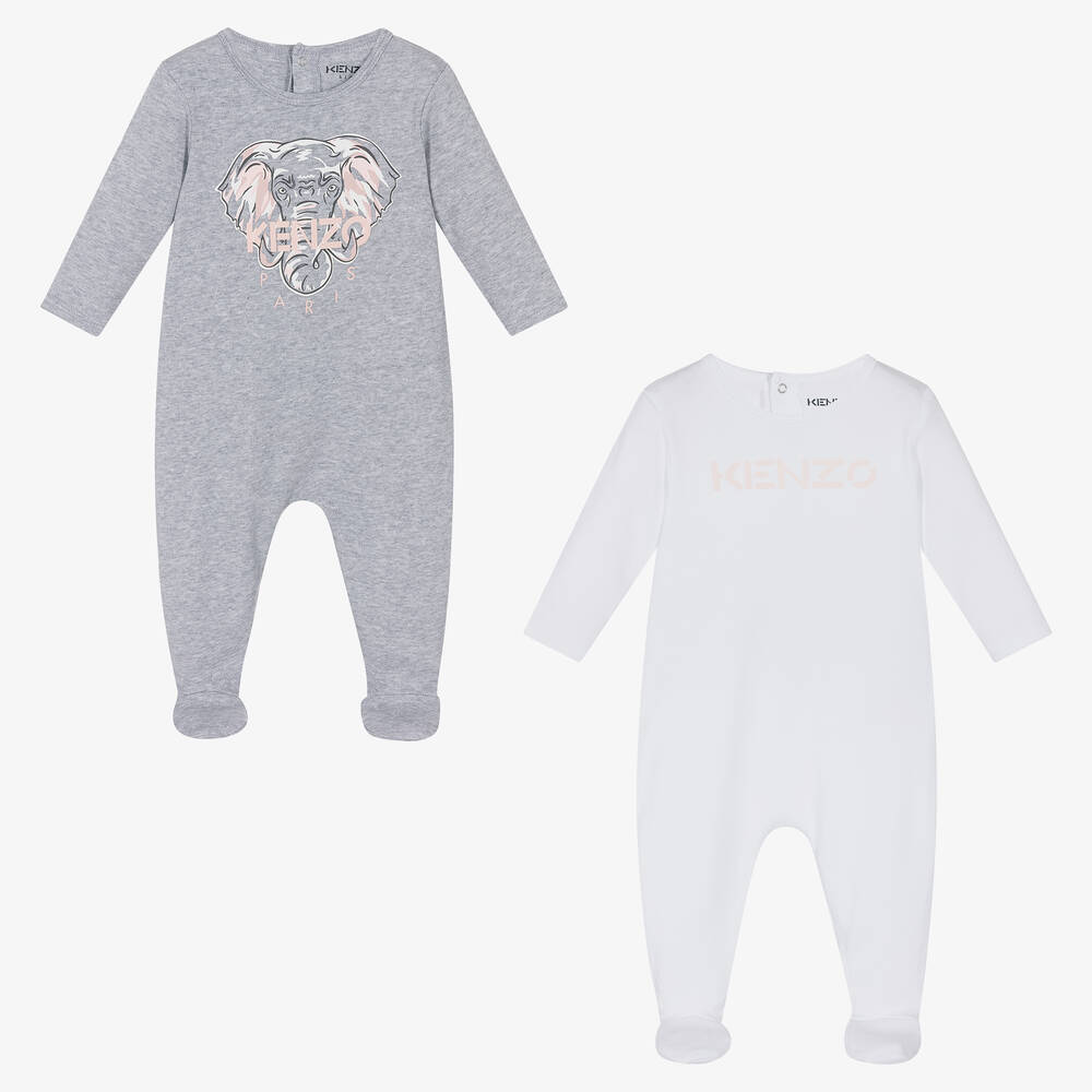 KENZO KIDS - Grey & White Elephant Logo Babygrows (2 Pack) | Childrensalon