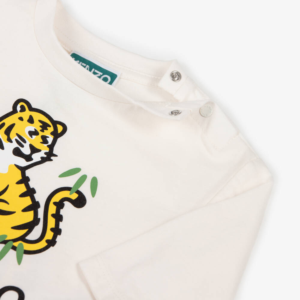 KENZO KIDS-Ivory Cotton Kotora Tiger Long-Sleeved Top | Childrensalon Outlet