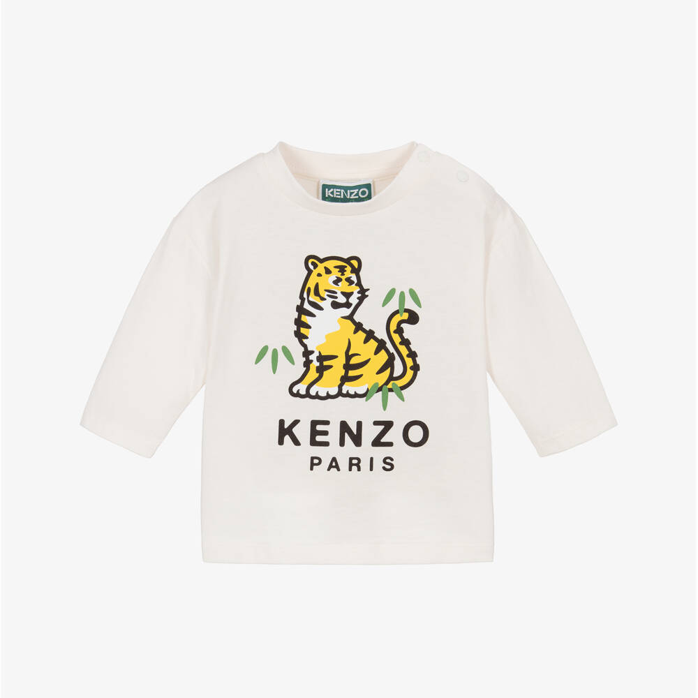 KENZO KIDS-Ivory Cotton Kotora Tiger Long-Sleeved Top | Childrensalon Outlet