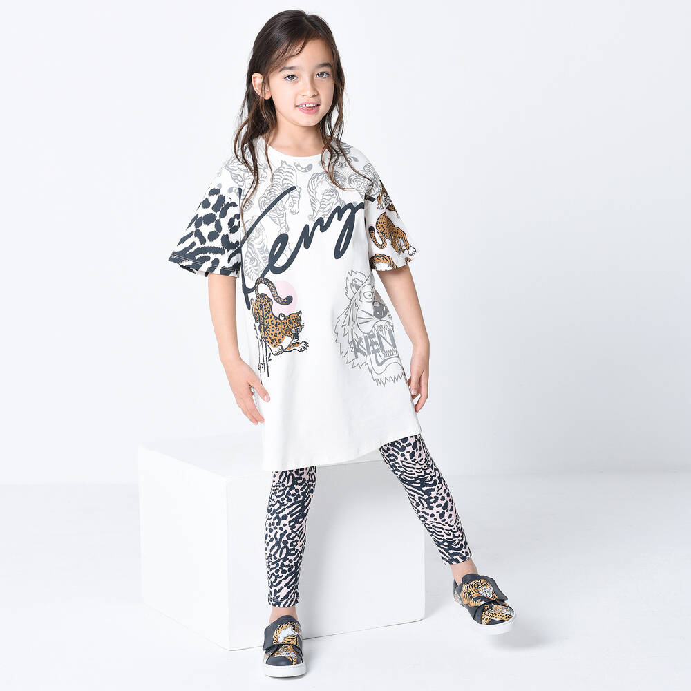 KENZO KIDS-Кремовое хлопковое платье с тиграми | Childrensalon Outlet
