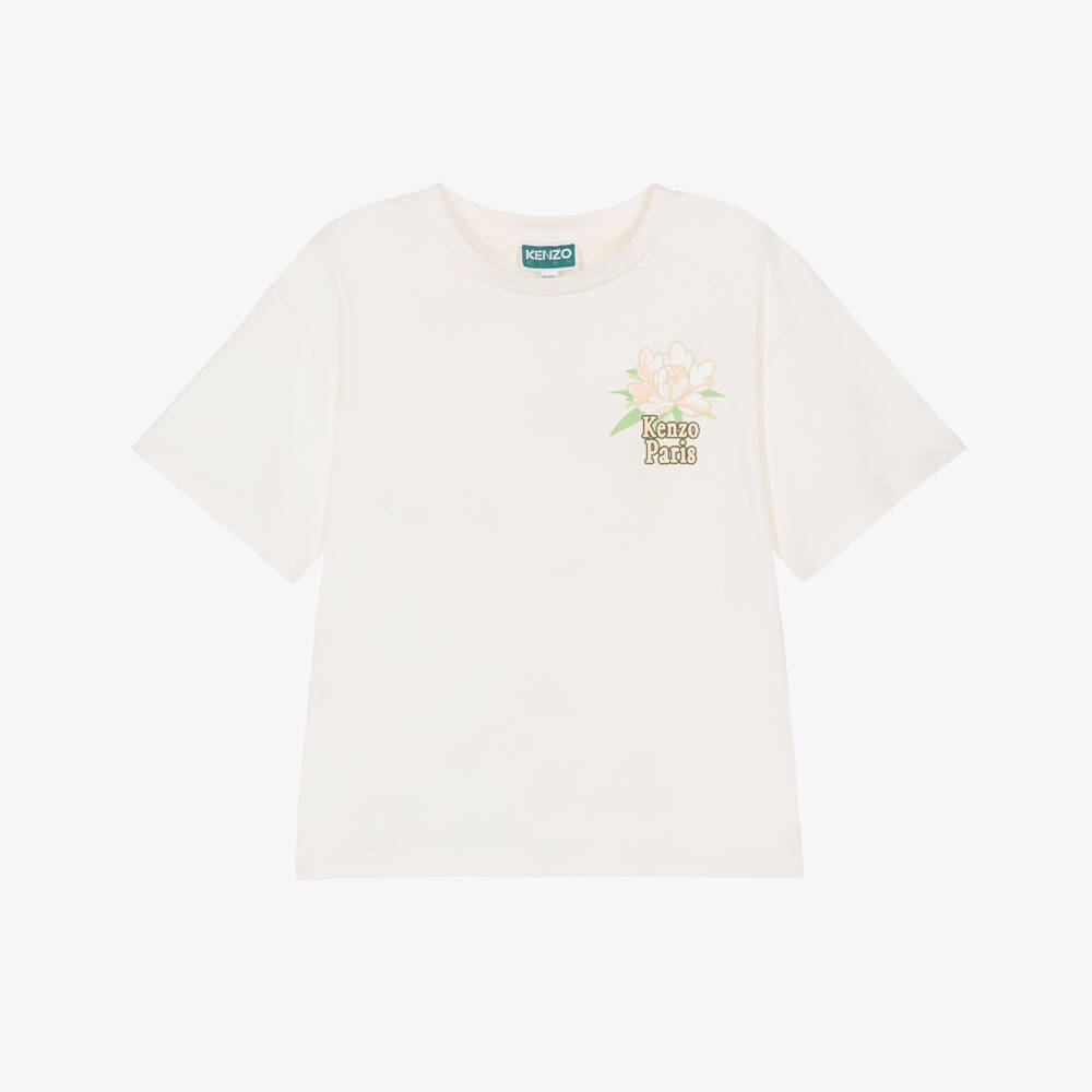 KENZO KIDS-Ivory Floral Logo Tee | Childrensalon Outlet