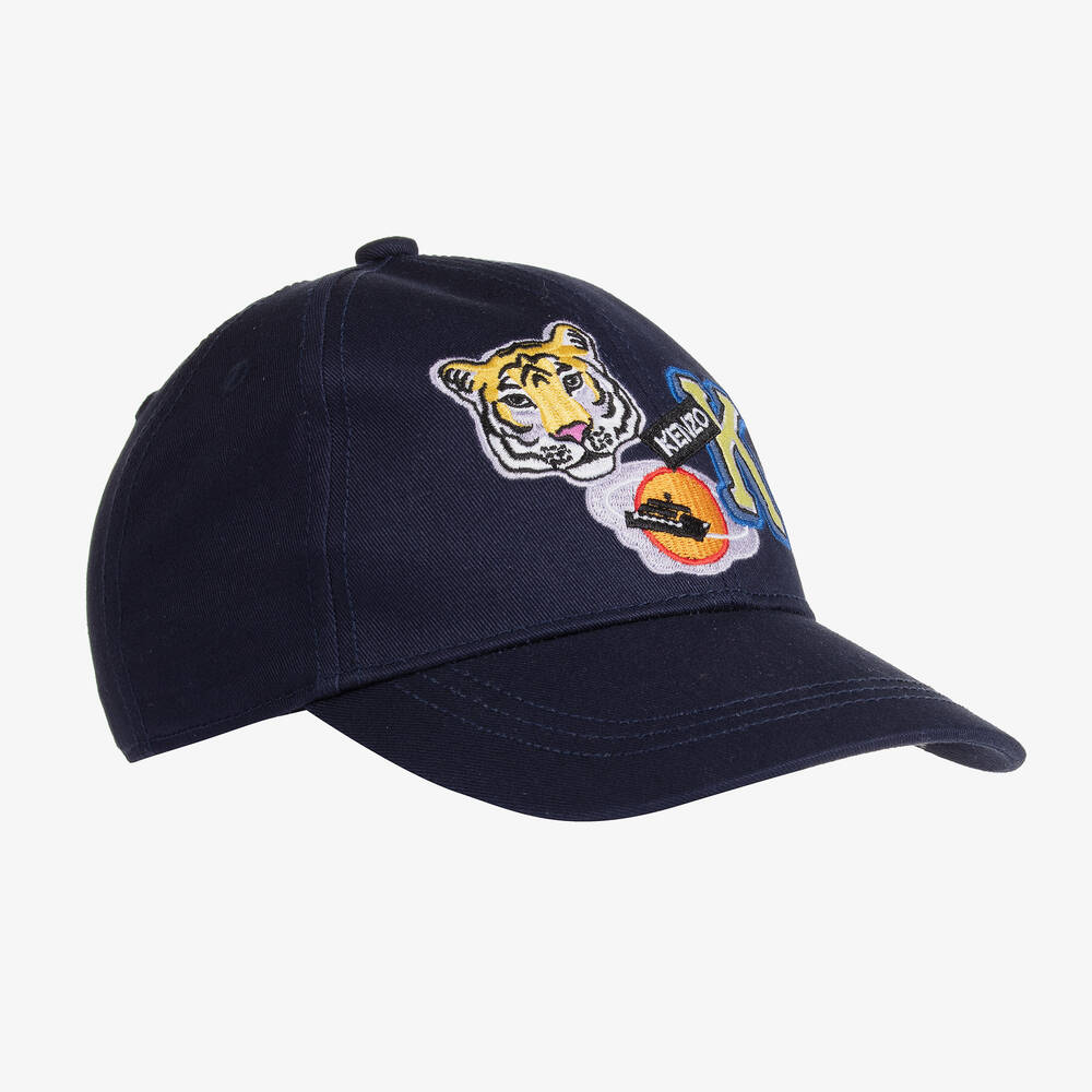 KENZO KIDS - Navy Blue Cotton Tiger Patches Cap | Childrensalon