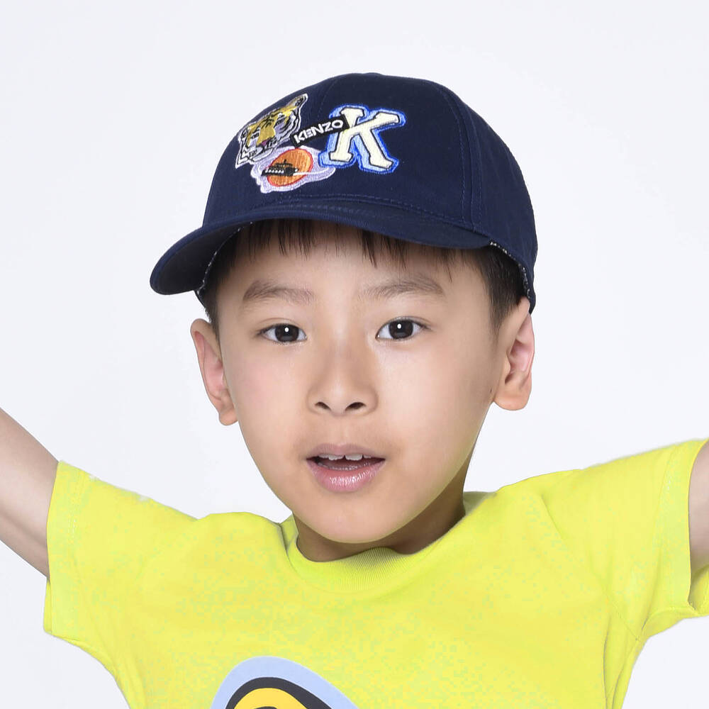 KENZO KIDS Navy Blue Cotton Tiger Patches Cap Childrensalon Outlet
