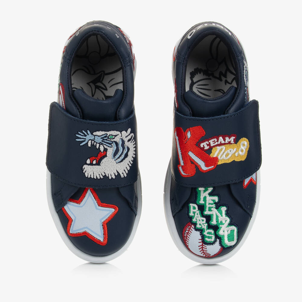 KENZO KIDS-Navy Blue Leather Velcro Trainers | Childrensalon Outlet