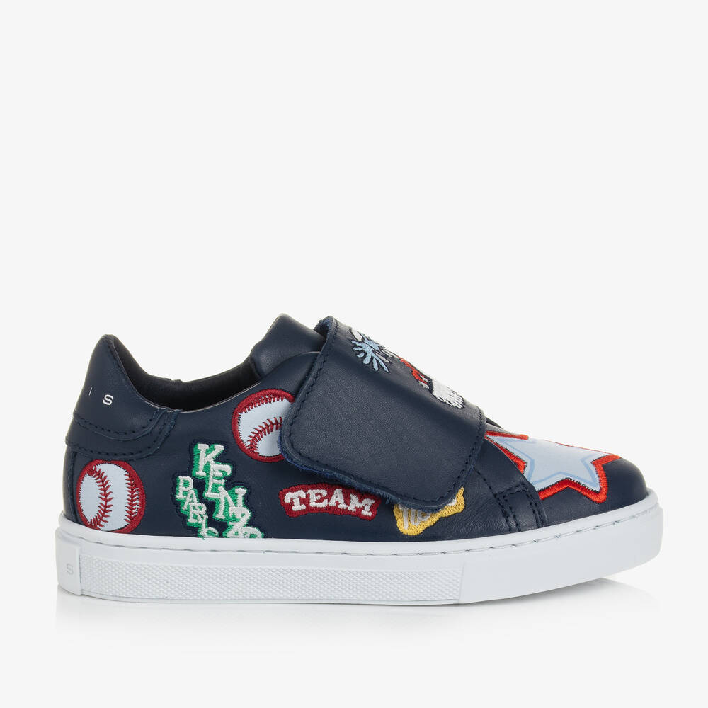 KENZO KIDS-Navy Blue Leather Velcro Trainers | Childrensalon Outlet