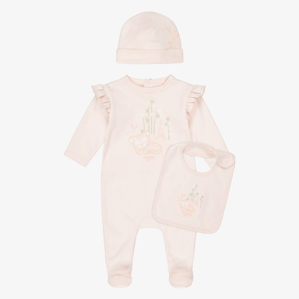 KENZO KIDS-Pink Babygrow, Bib And Hat Set | Childrensalon Outlet