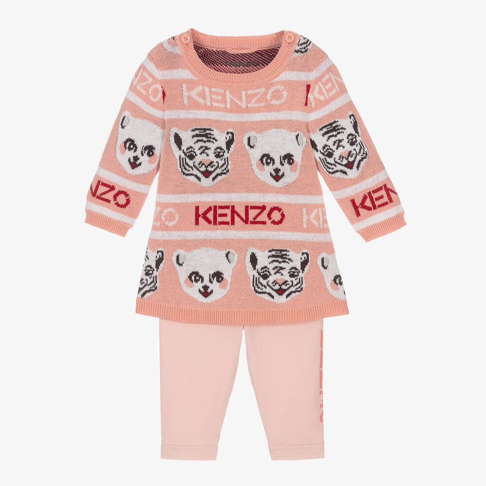 KENZO KIDS - طقم ليغنغز وكنزة قطن لون زهري للمولودات | Childrensalon