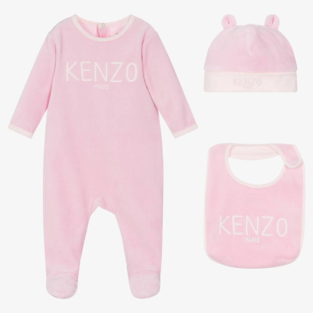 KENZO KIDS - طقم أفرول مطرز قطن قطيفة لون زهري للمولودات | Childrensalon
