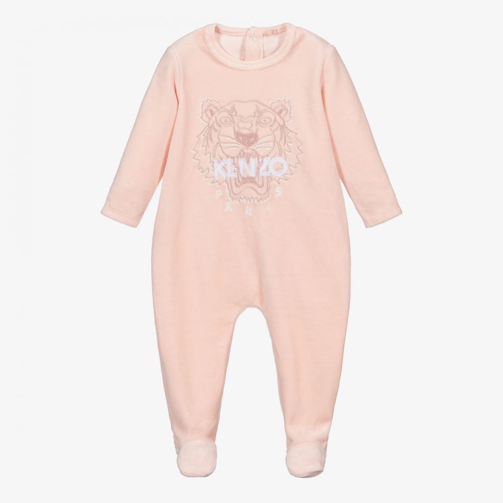 KENZO KIDS - Pink Velour Tiger Babygrow | Childrensalon