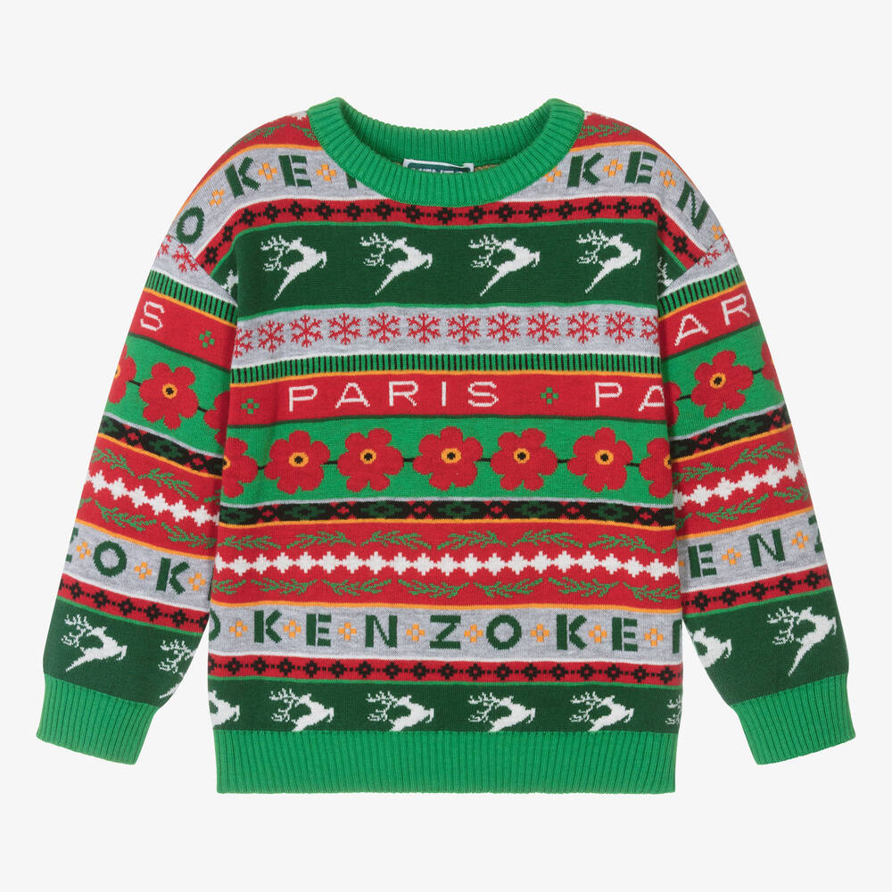 KENZO KIDS - Red & Green Festive Cotton Knit Jumper | Childrensalon