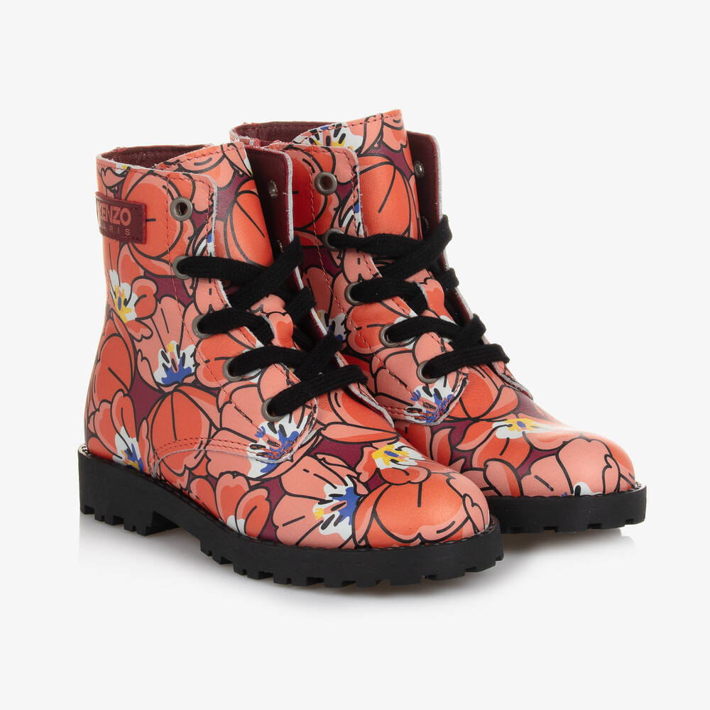 KENZO KIDS - Red & Pink Floral Leather Boots | Childrensalon