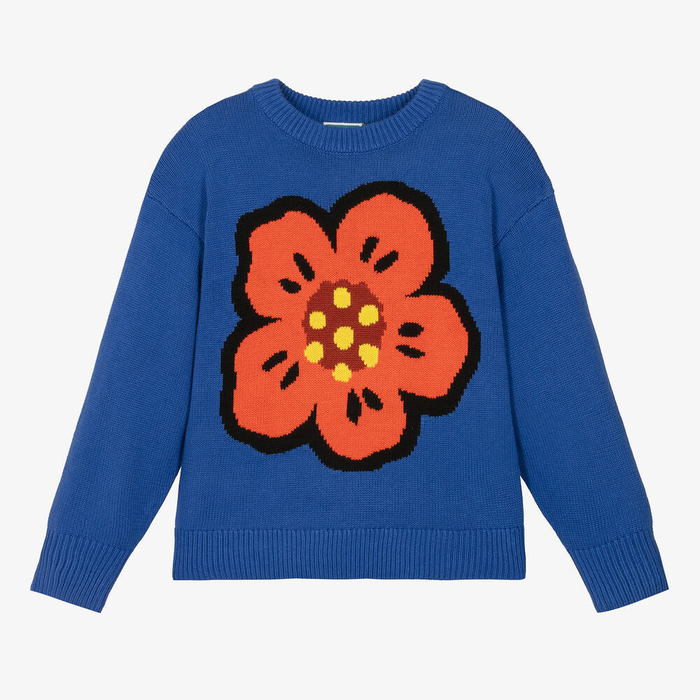 KENZO KIDS - Teen Blue Cotton Knit Boke Flower Sweater | Childrensalon