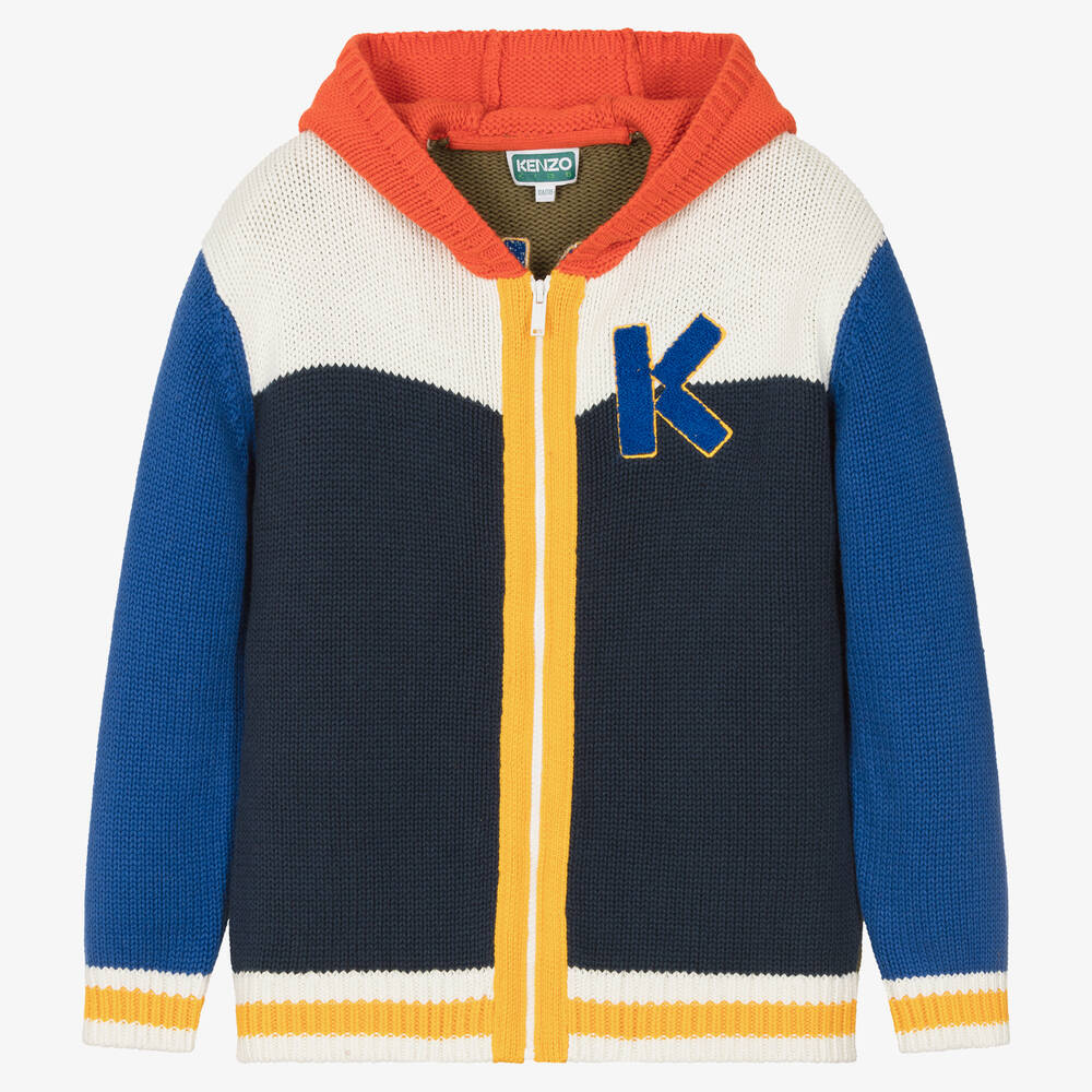 KENZO KIDS - Teen Boys Blue Cotton Knit Zip-Up Hoodie | Childrensalon