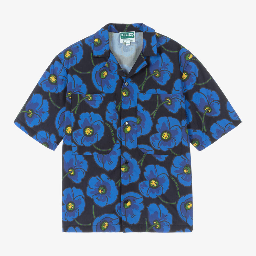 KENZO KIDS - Teen Boys Blue Cotton Poppy Logo Shirt | Childrensalon