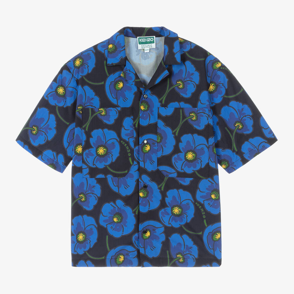 KENZO KIDS - Chemise coton bleu à coquelicots | Childrensalon