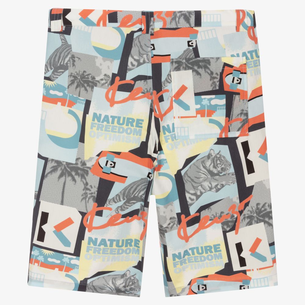 KENZO KIDS-شورت تينز ولادي قطن بوبلين لون أزرق ورمادي | Childrensalon Outlet